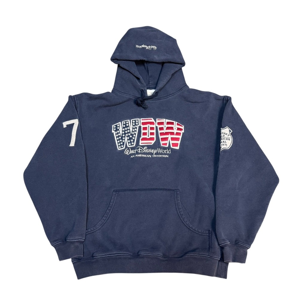Vintage Walt Disney World Hoodie Men's Small USA Flag Embroidered Navy WDW